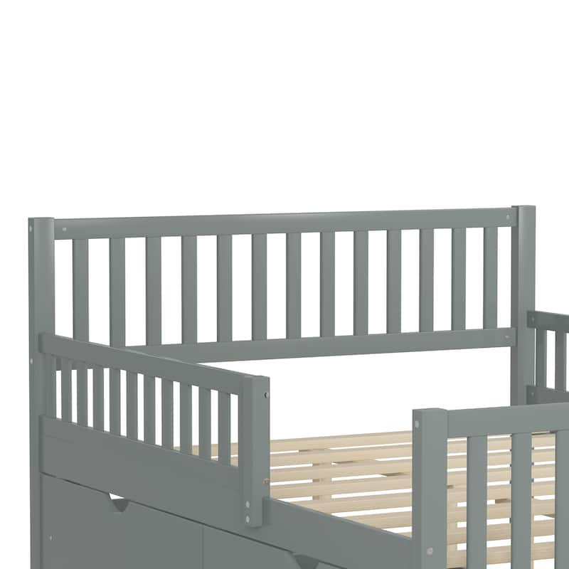 Full Size Wood Platform Bed with Guardrails on Both Sides and Two Storage Drawers, Gray