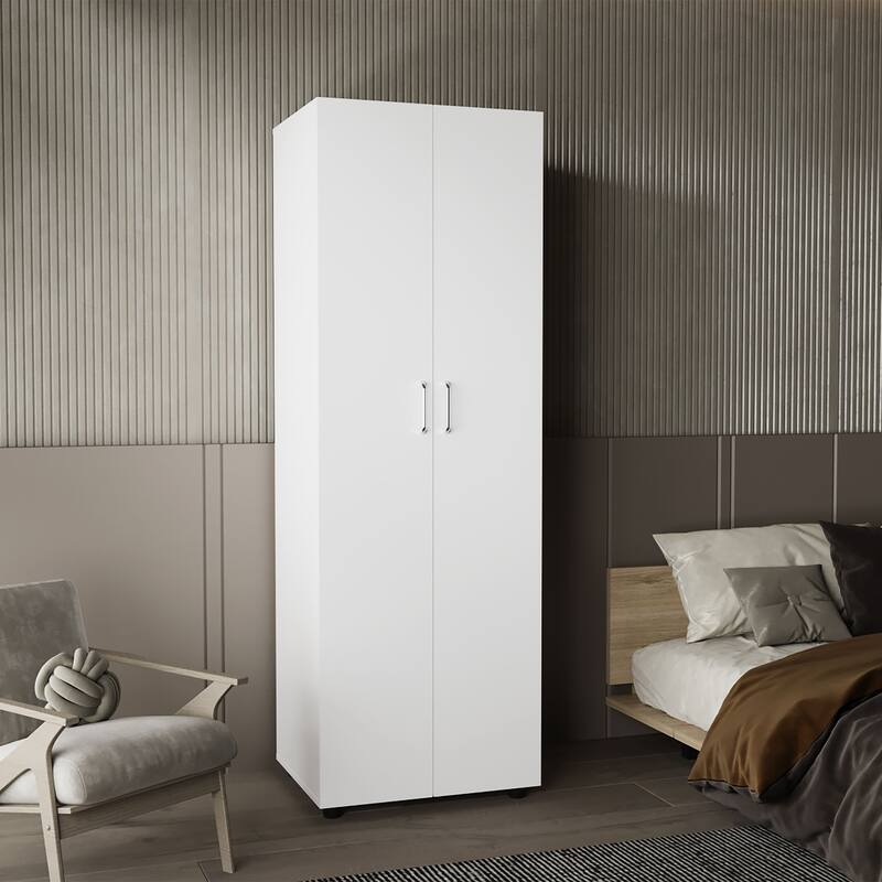 Armoire,Two Interior Shelves,Hanging Rod,Double Door,Clothes and Bedroom Storage,White - White