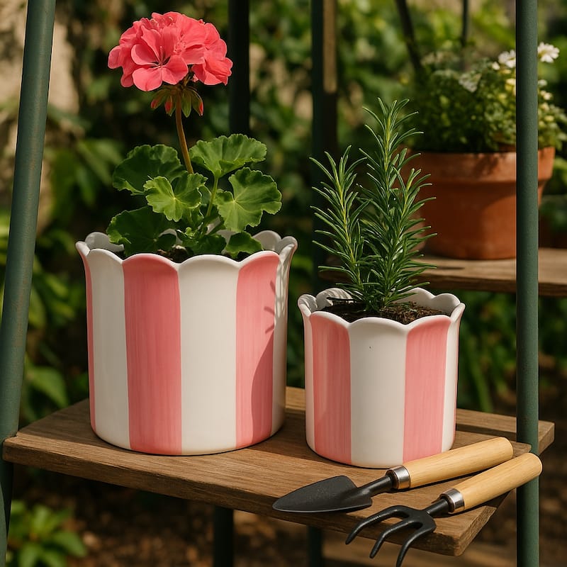 Ceramic Striped Flower Pots with Scalloped Edge - Set 2, 8", 6" - 8.0"