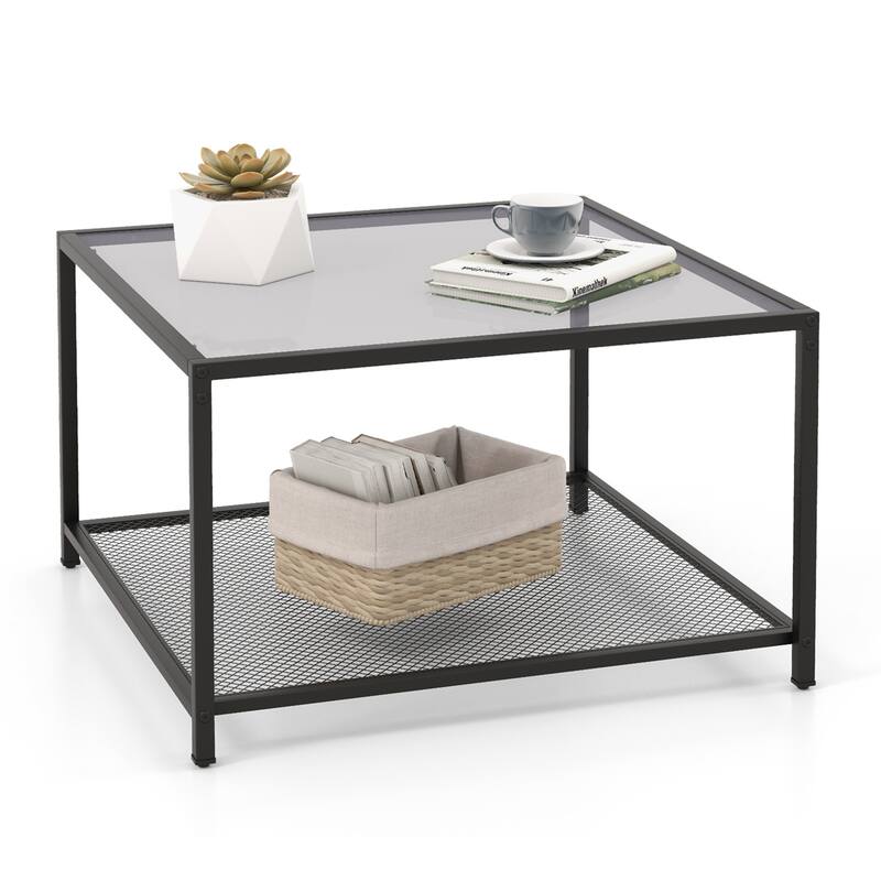 Costway Glass Coffee Table 27.5 Inch 2-Tier Square with Mesh Shelf - See Ddetails - Grey