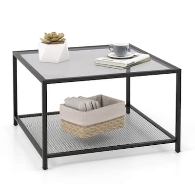 Costway Glass Coffee Table 27.5 Inch 2-Tier Square with Mesh Shelf - See Ddetails