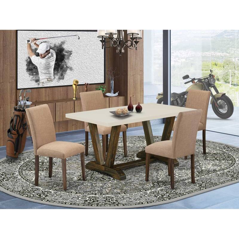 HomeStock 5-Pc Rectangle Distressed Jacobean Finish Solid Wood Top Dining Table with 4-Upholstered Chairs