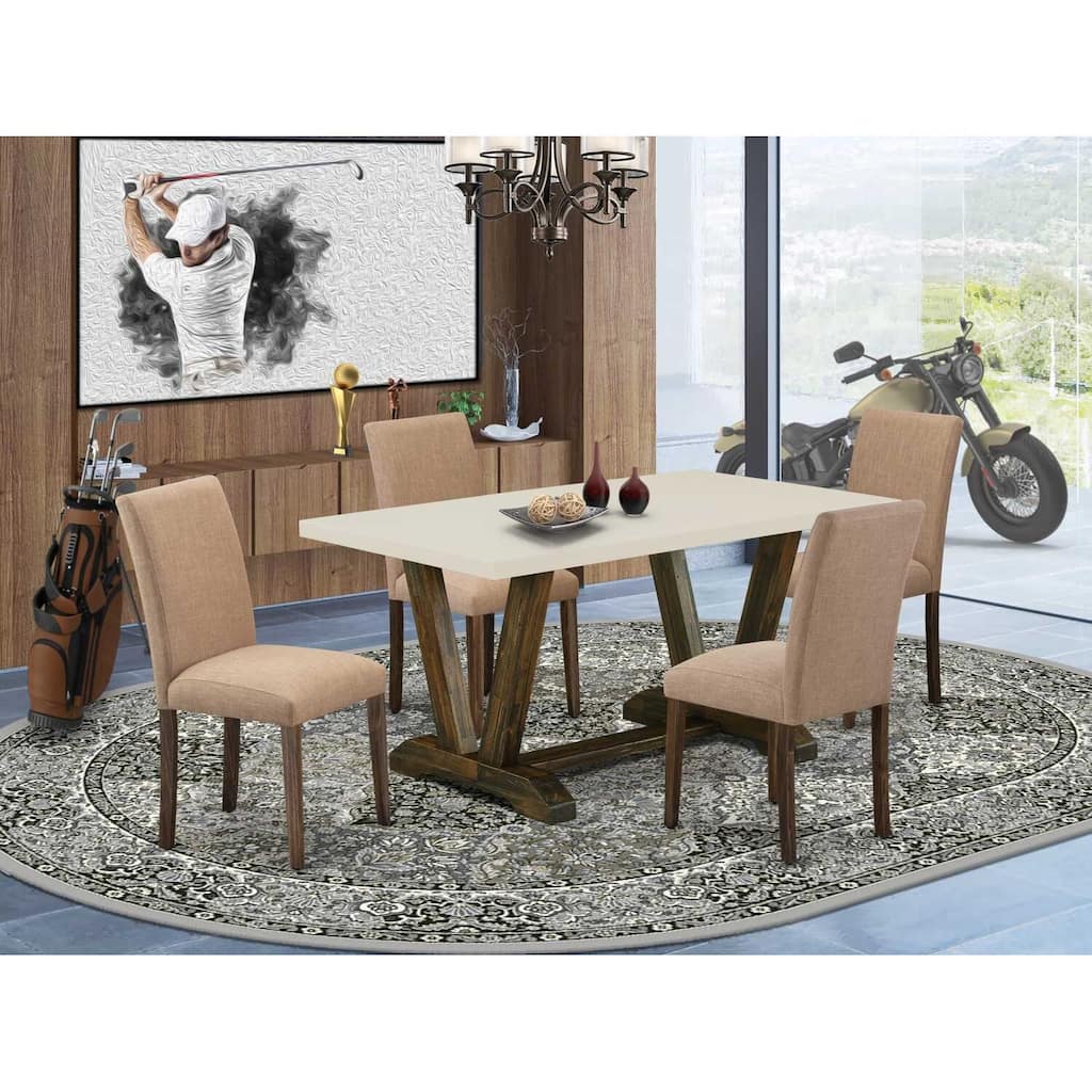 HomeStock 5-Pc Rectangle Distressed Jacobean Finish Solid Wood Top Dining Table with 4-Upholstered Chairs