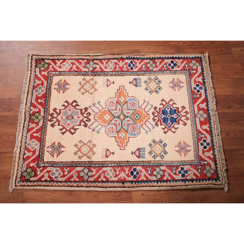 Ivory Geometric Kazak Oriental Foyer Rug Hand-Knotted Wool Carpet - 2'0" x 3'0"