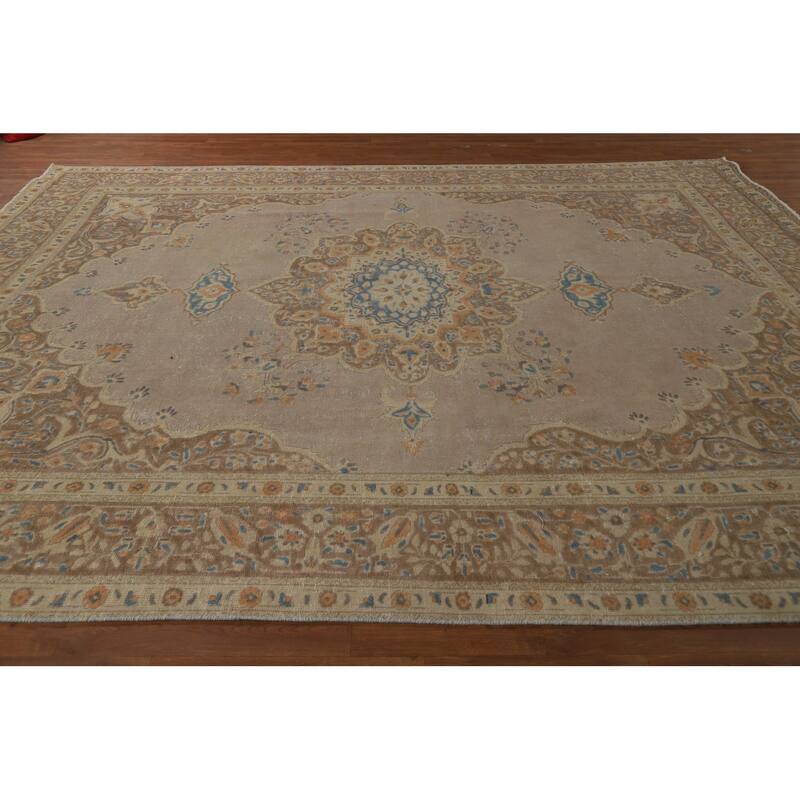 Brown Medallion Tabriz Persian Area Rug Handmade Floral Wool Carpet - 9'7"x 12'3"