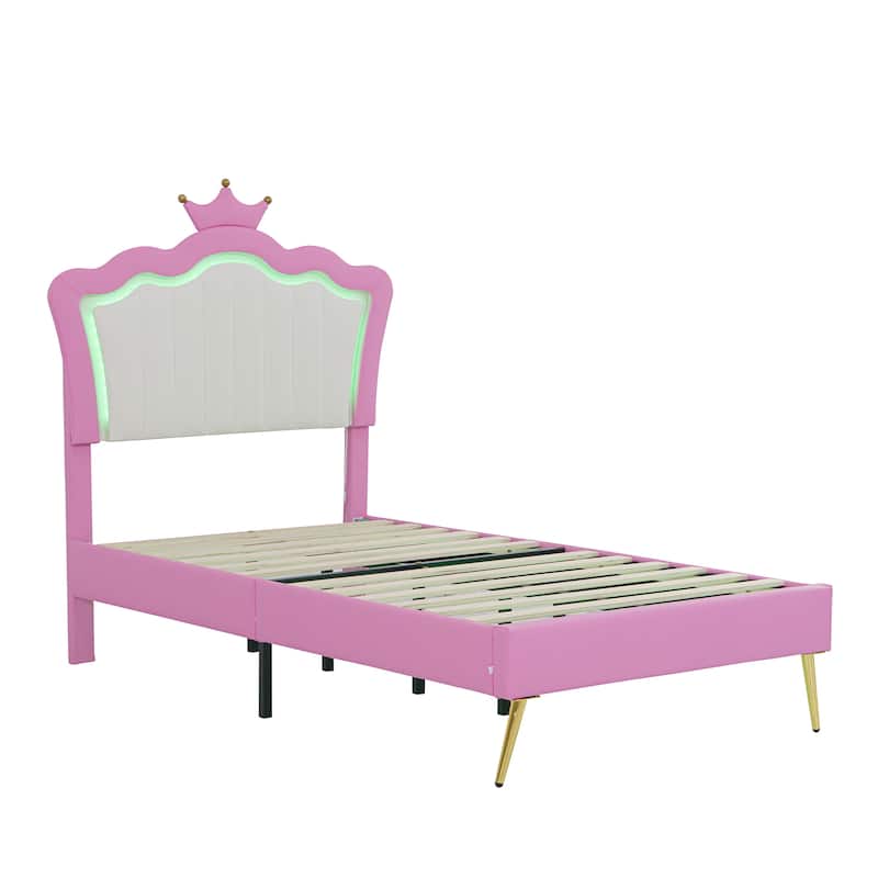 Twin/Full Size Upholstered Princess Bed, PU Leather LED Bed Frame with Crown Headboard and Gold Metal Legs