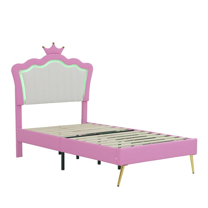 Twin Size Upholstered Princess Bed with Crown Headboard and LED Lights, Pink and White