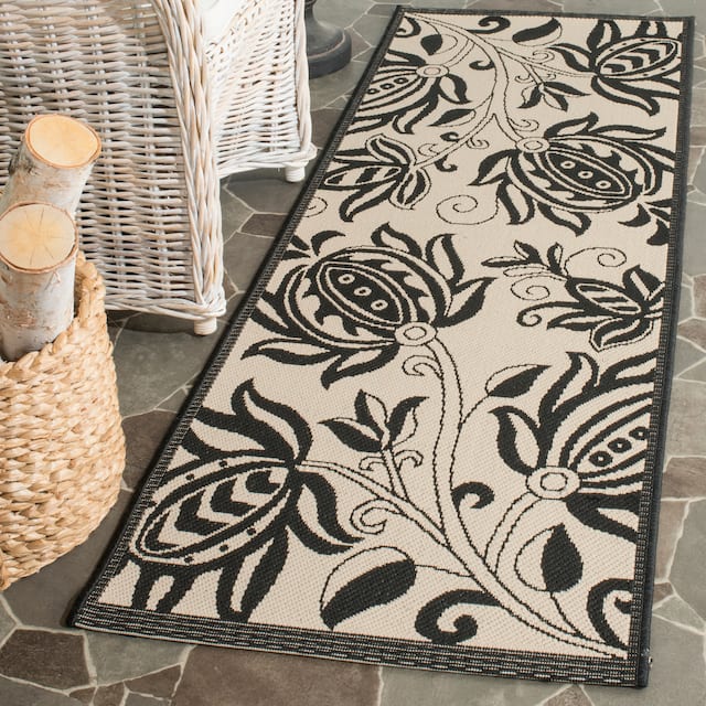 SAFAVIEH Courtyard Leatrice Indoor/ Outdoor Patio Backyard Rug - 2'3" x 10' Runner - Sand/Black