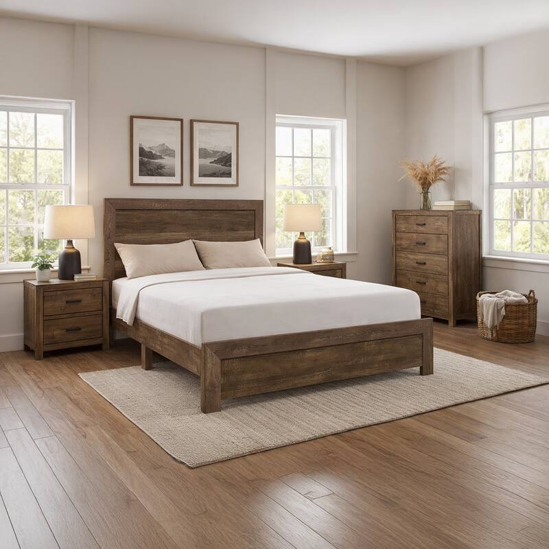 Rustic Panel Design Wooden Queen Size Bed with Block Legs Support, Brown