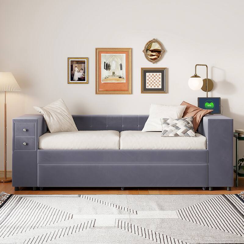 Twin Size Upholstered Daybed, French Velvet Fabric Sofa Bed Frame with Pull Out Trundle, USB Ports, 2 Drawers and Side Storage - Gray - Twin