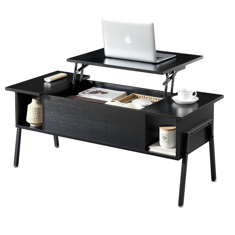 VECELO Modern Lift Top Coffee Table with Hidden Storage 2 Side Shelves Space-Saving Design for Living Room - Black