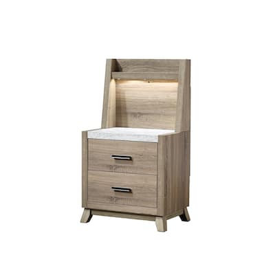 1pc Rustic Transitional Contemporary Nightstand Wall Panel Natural Brown Faux Stone Top W/Led Light Bed Side Cabinet