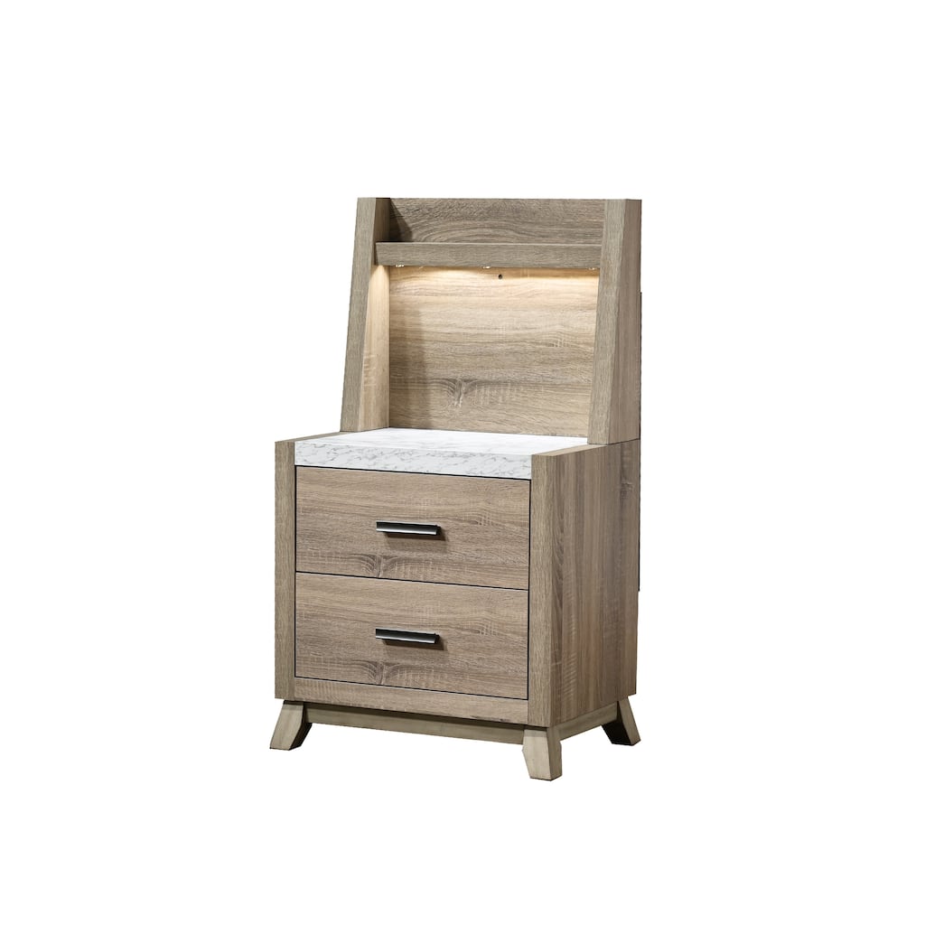 1pc Rustic Transitional Contemporary Nightstand Wall Panel Natural Brown Faux Stone Top W/Led Light Bed Side Cabinet
