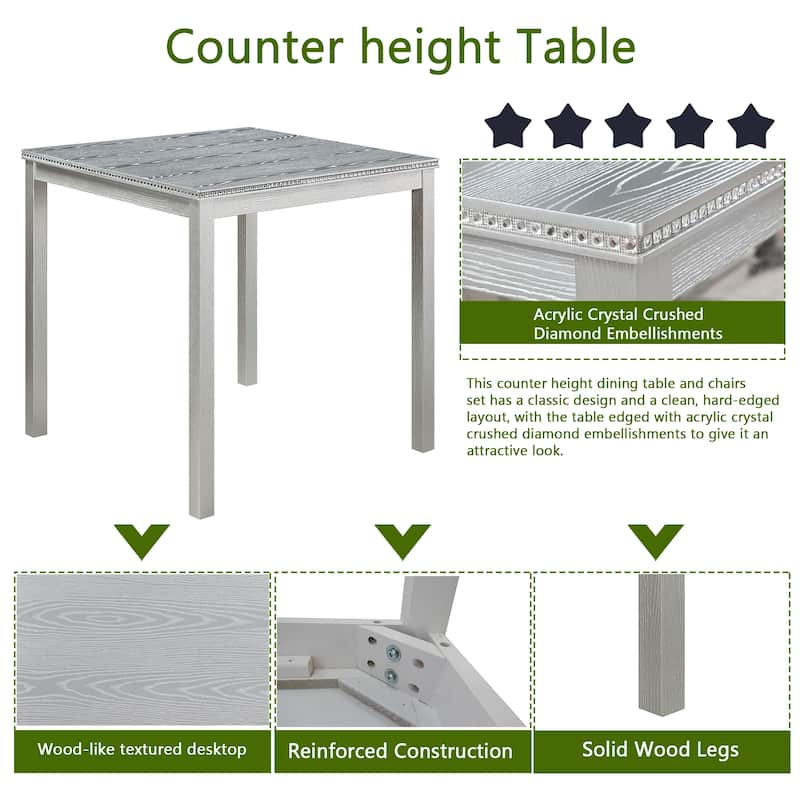 5 Piece Counter Height Table Set,Wooden Table Set with Square Table and 4 Upholstered Chairs,Table with Crystal Decoration