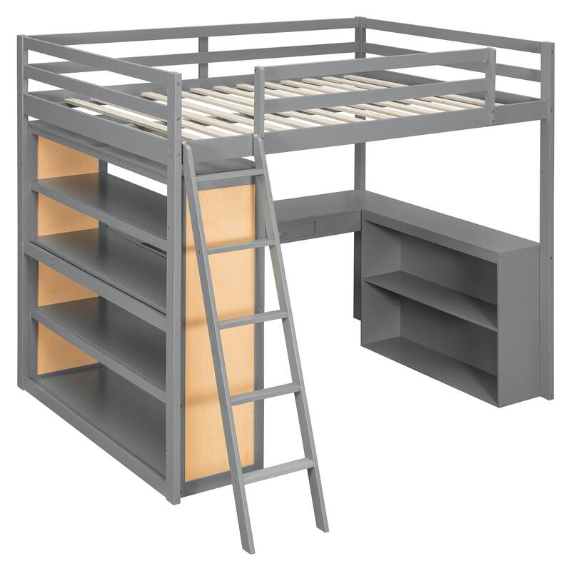 Full Size Loft Bed with Ladder, Shelves, and Desk, Gray