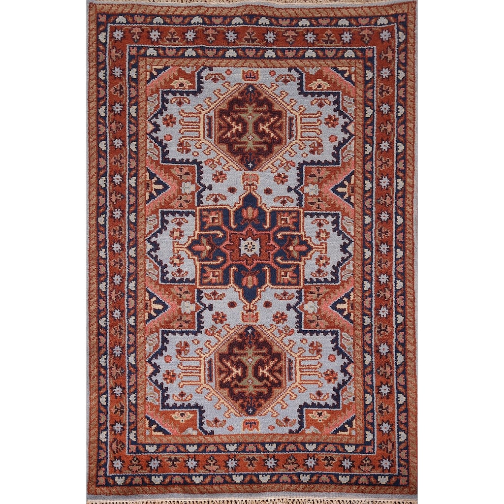 Light Blue Geometric Kazak Oriental Accent Rug Handmade Wool Carpet - 4'0" x 5'11"