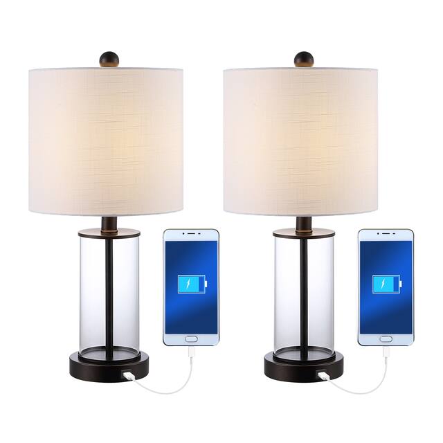 Cabell 21" Glass Modern Contemporary USB Charging LED Table Lamp, Oil Rubbed Bronze (Set of 2) by JONATHAN Y