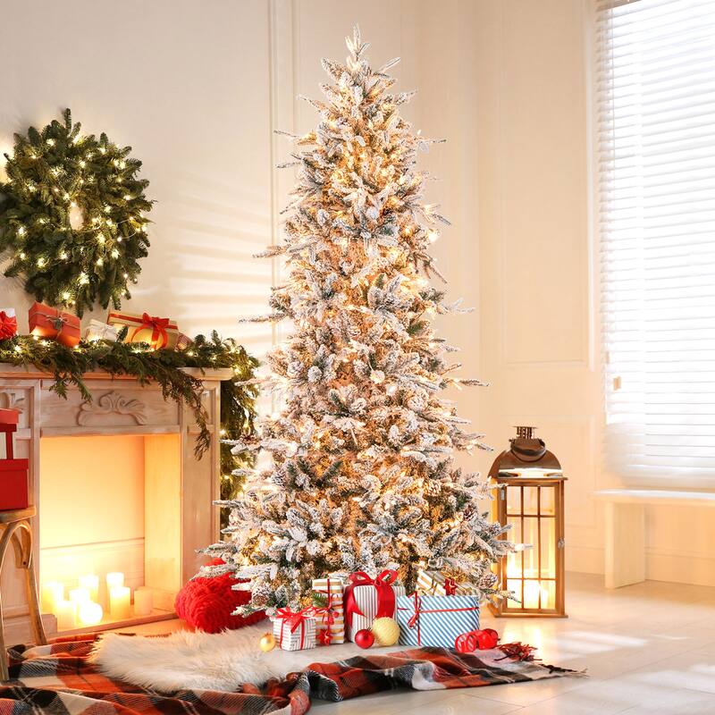 Gymax 7.5 FT Pre-Lit Artificial Christmas Tree Snow-Flocked Hinged