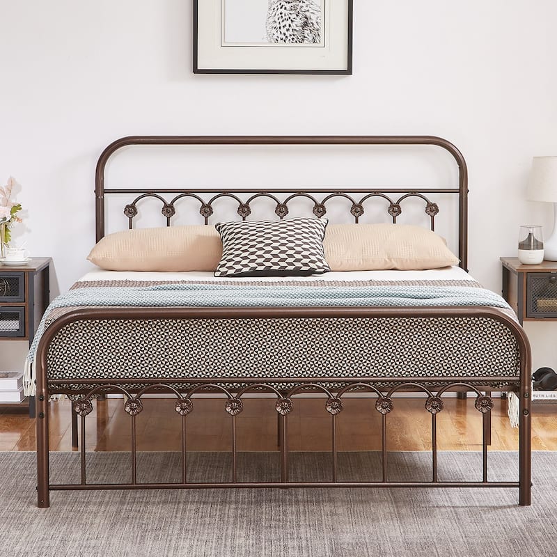 VECELO Industrial Metal Platform Bed Frame with Headboard Twin/Full/Queen/King Size Bed - Bronze Purple - Full