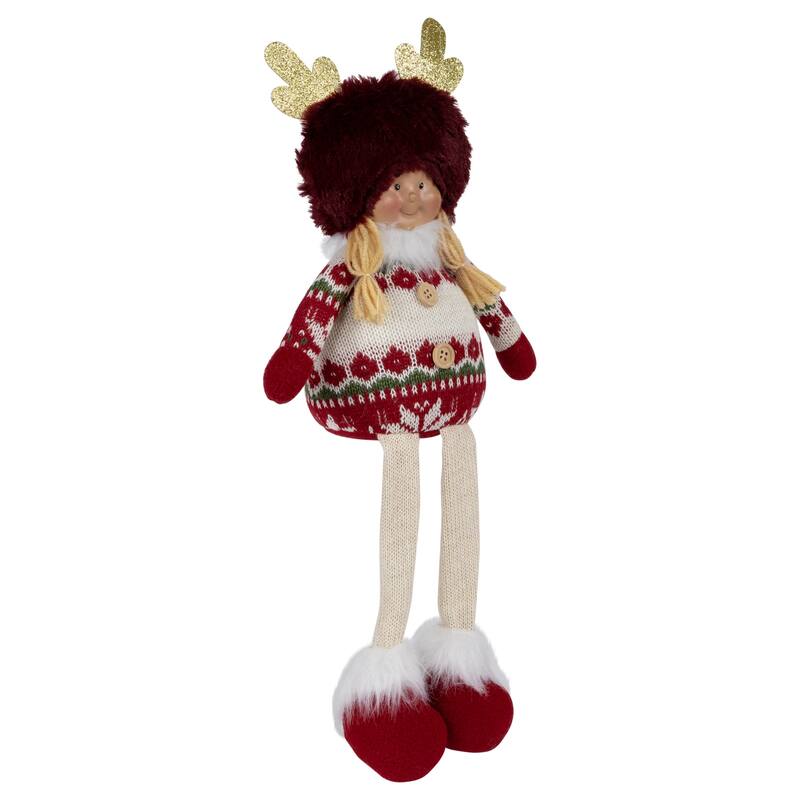 Sitting Plush Girl with Dangling Legs Christmas Figure - 16" - Cream and Red