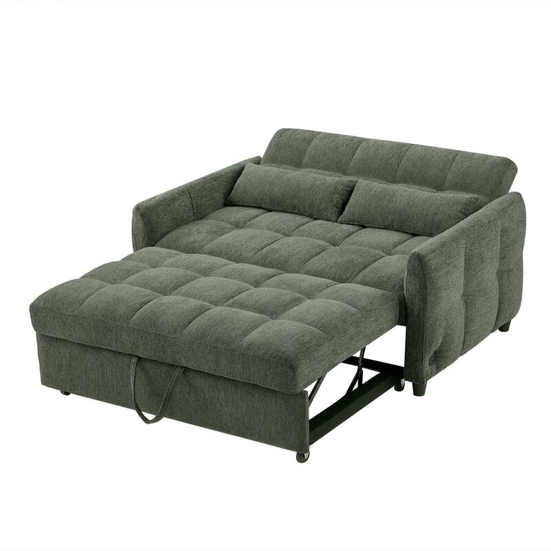 Anmytek Green 52.8 Inch Tufted Loveseat Pull-out Sofa Bed with Adjustable Backrest 3 USB Ports 2 Lumbar Pillows