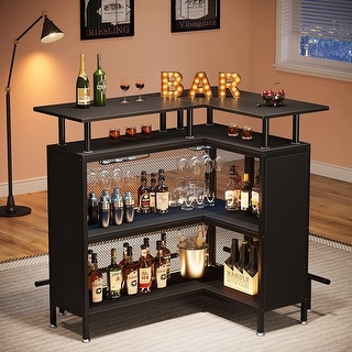 L-shape Home Bar Unit, Liquor Bar Table with 2-Tier Storage - N/A