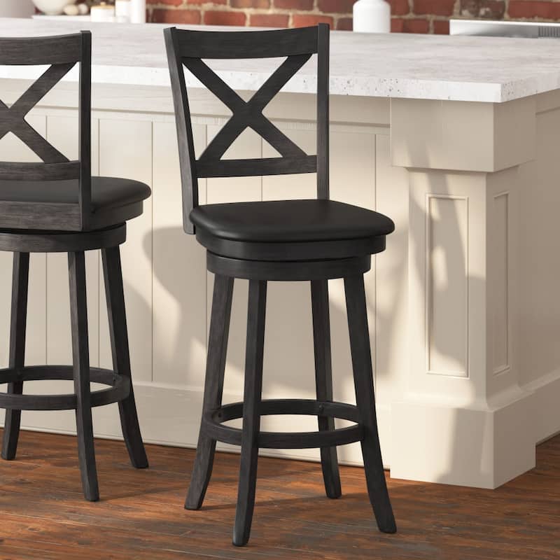 Modern Ladderback Wooden Upholstered Swivel Barstool - Gray Wash Walnut/Black