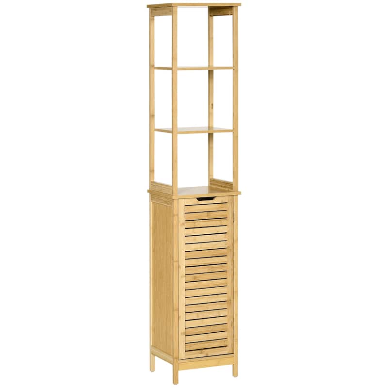 kleankin Bathroom Floor Cabinet with 3 Shelves and Cupboard, Slim and Freestanding Linen Tower with Storage, Natural