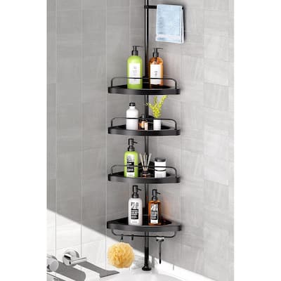 Corner Shower Caddy Tension Pole Adjustable Stainless Steel Shower Organizer with 4 Tier Shelf and Rust Proof Rods