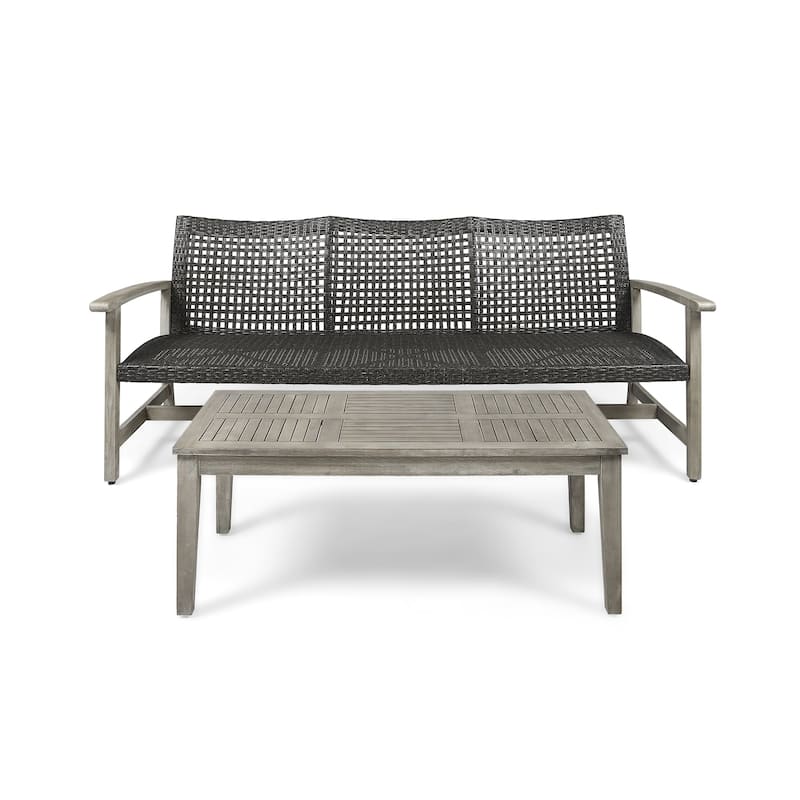 Hampton Outdoor Wood and Wicker Sofa and Coffee Table Set by Christopher Knight Home