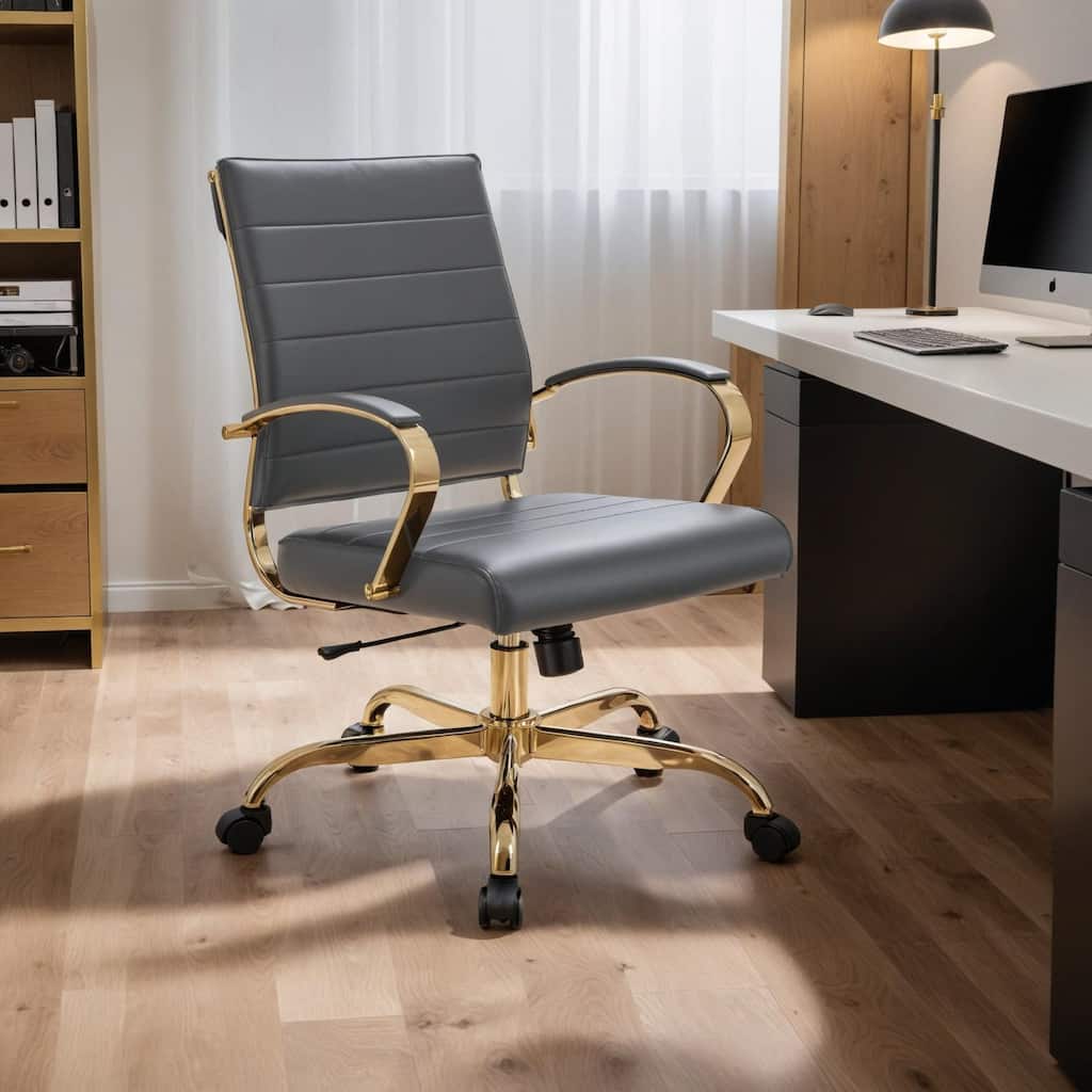 Benmar Ergonomic Leather Office Chair with Lumbar Support, Gold Steel Frame, Adjustable Height, Tilt Lock, & Smooth Casters