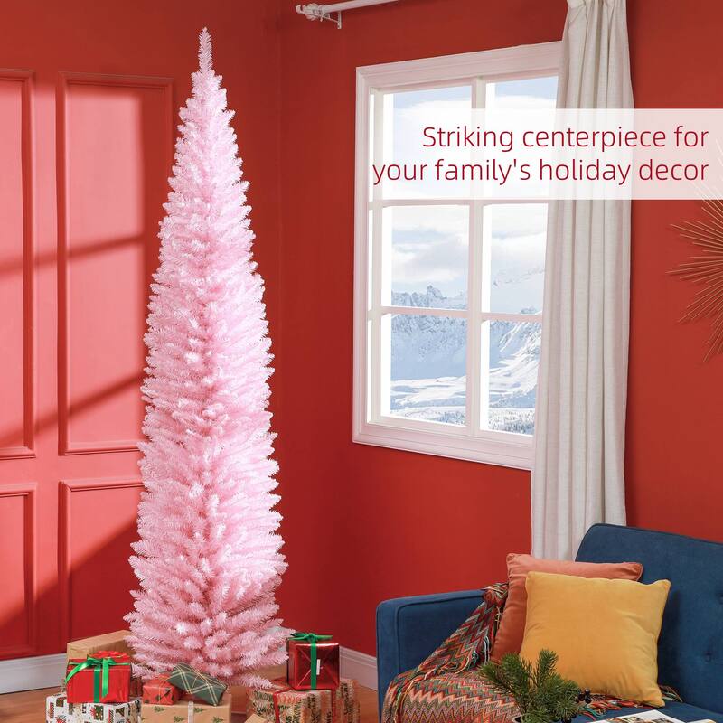 8FT Artificial Slim Pencil Christmas Tree with 618 Realistic Branch Tips & Plastic Stand