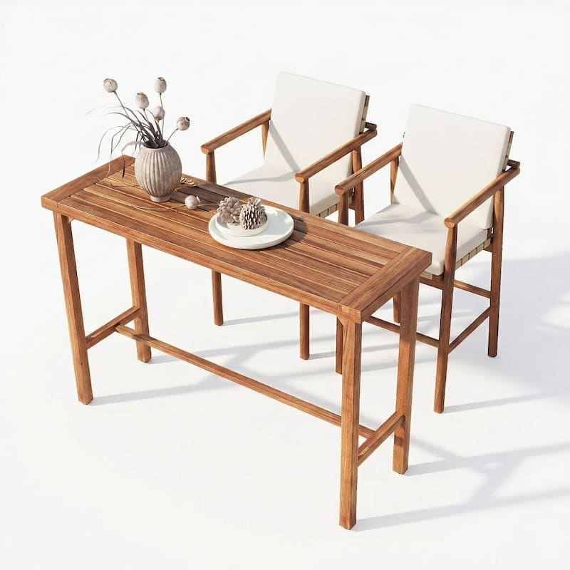 3 Pieces Patio Acacia Wood Bar Height Table and 2 Stools with Cushions