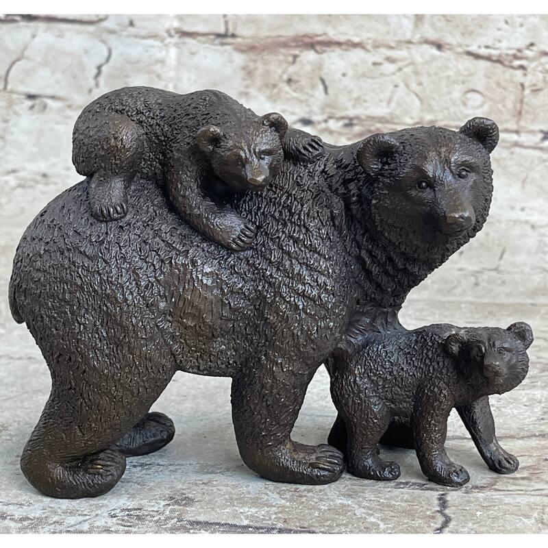 Signed Original Happy Grizzly Bear Family Bronze Sculpture Art Deco Figure Decor