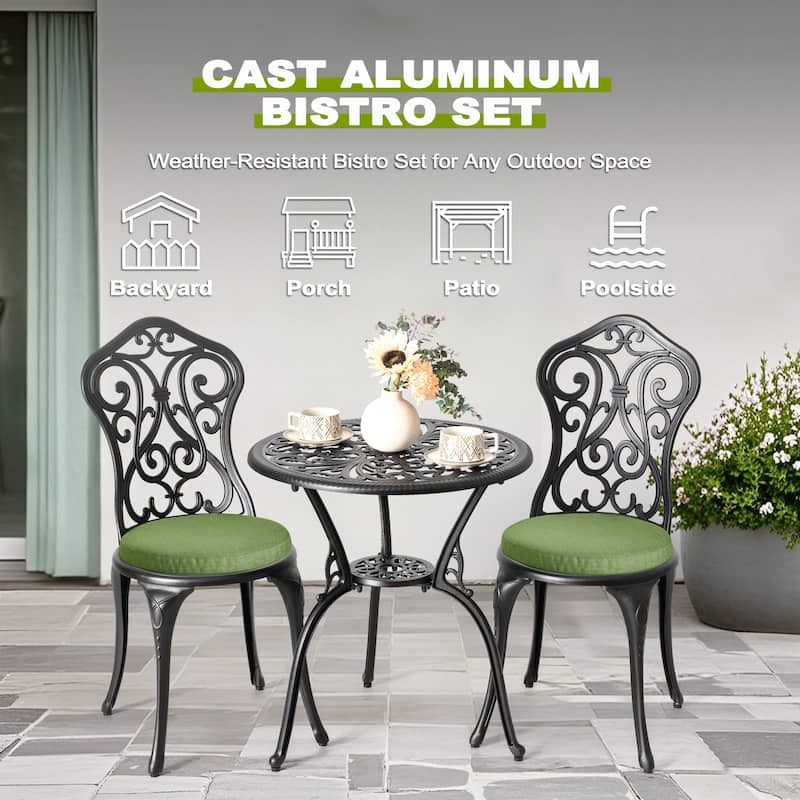 Patio 3-Piece Cast Aluminum Bistro Set with Cushions, Umbrella Hole