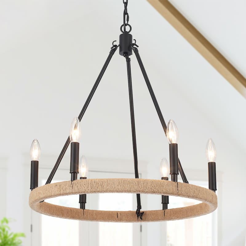6-Light Rustic Hemp Rope Wagon Wheel Chandelier for Bedroom Foyer Entryway - Black