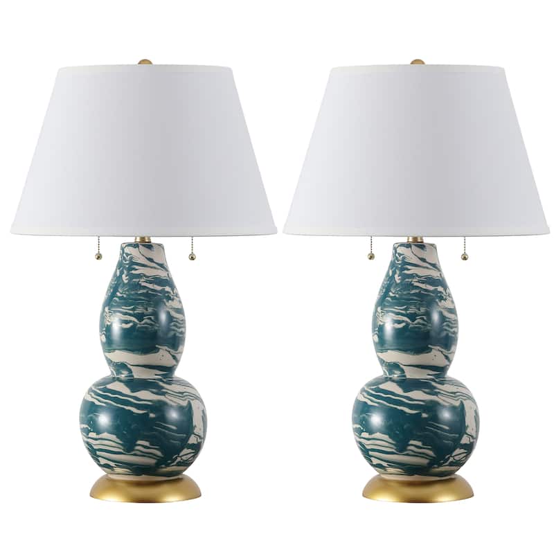 SAFAVIEH Lighting Sebrina 29-inch Navy And White Color Swirls Glass Table Lamp (Set of 2) - 17"x17"x28" - 17Wx17Dx28H
