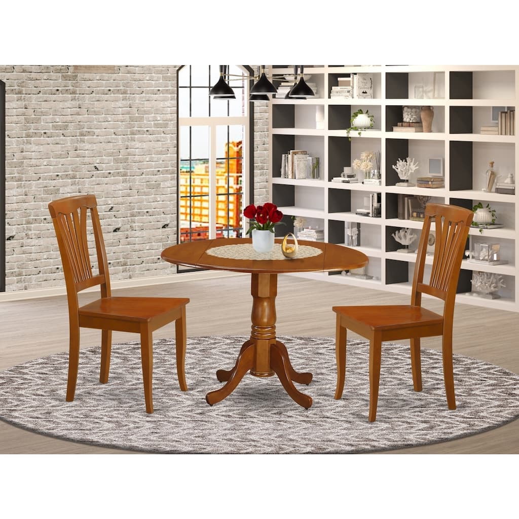 Dining Table Set with 2 Chairs, Round Dropleaf Kitchen Table, Solid Rubberwood, Saddle Brown Finish, 42x42 Inch