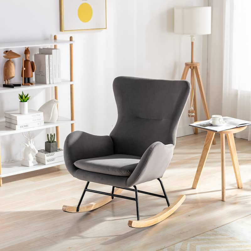 High Back Velvet Rocking Chair With Padded Seat And Armrests