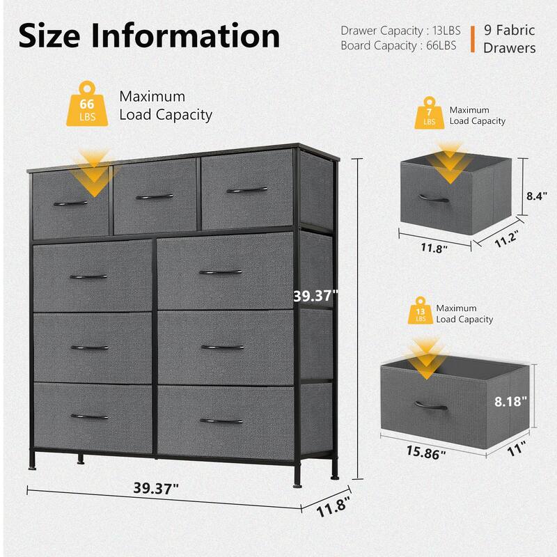 9-Drawer 11.8 in. Wide Chest of Drawers Fabric Storage Tower with Steel Frame, Wooden Top