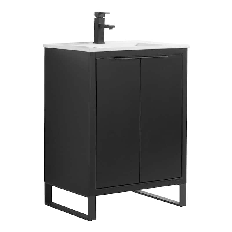 Fine Fixtures Opulence Collection Bathroom Vanity with White Ceramic Sink - 24 Inch - Black Matte - Black Hardware