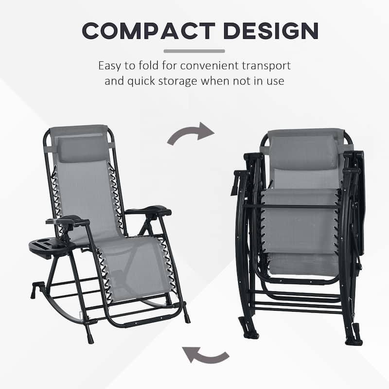 2 Pieces Outdoor Rocking Chairs, Foldable Reclining Zero Gravity Lounge Rocker with Pillow, Cup & Phone Holder,