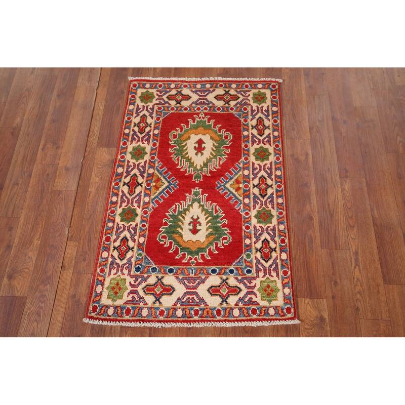 Hand Knotted Oriental 100% Wool Carpet Traditional Geometric Red Kazak Area Rug - 2' 11'' X 1' 11''