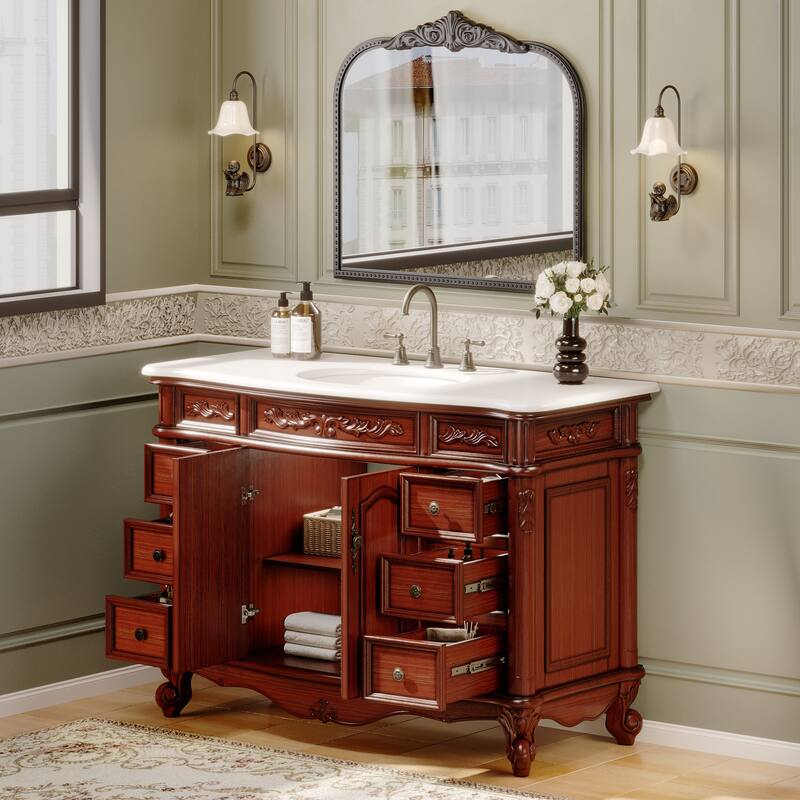 48-Inch British Vintage Solid Wood Bathroom Vanity with Sink – Elegant Antique-Inspired Design