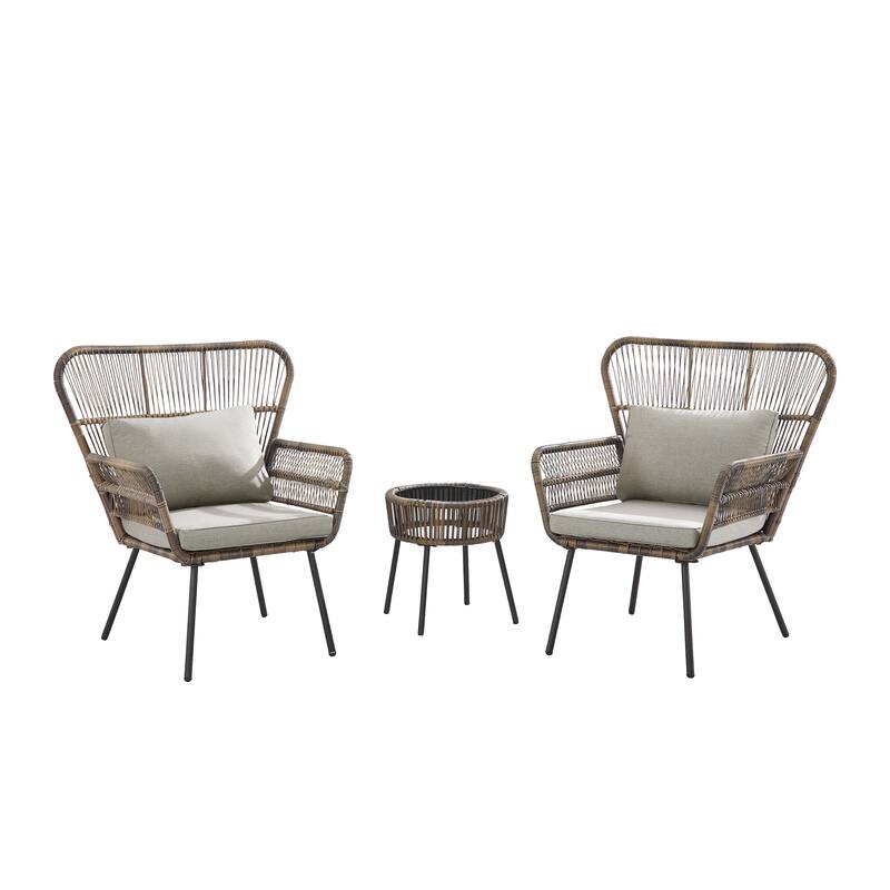 Corvus Havre 3-Piece Outdoor Wicker Bistro Set with Cushions - Brown Wicker / Camel Cushions