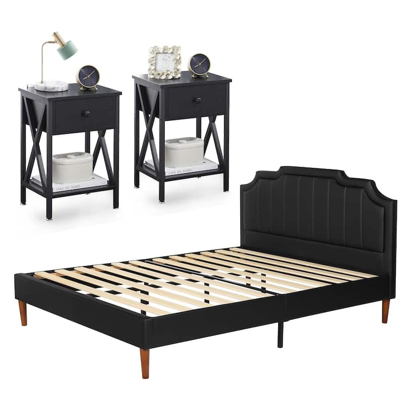 Taomika 3-Pieces Faux Leather Upholstered Platform Bed and Nightstands Sets
