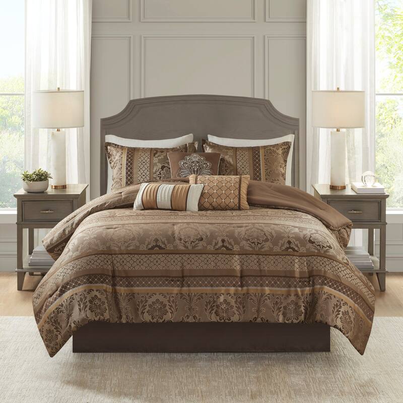 7 Piece Jacquard Comforter Set Brown/Gold Cal King