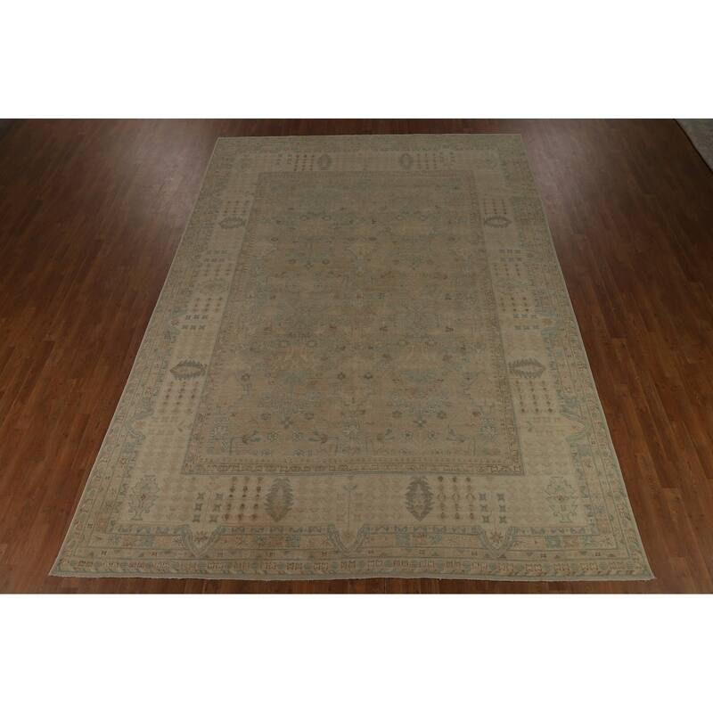 Vegetable Dye Oushak Turkish Area Rug Hand-Knotted Beige Wool Carpet - 9'0" x 12'7"