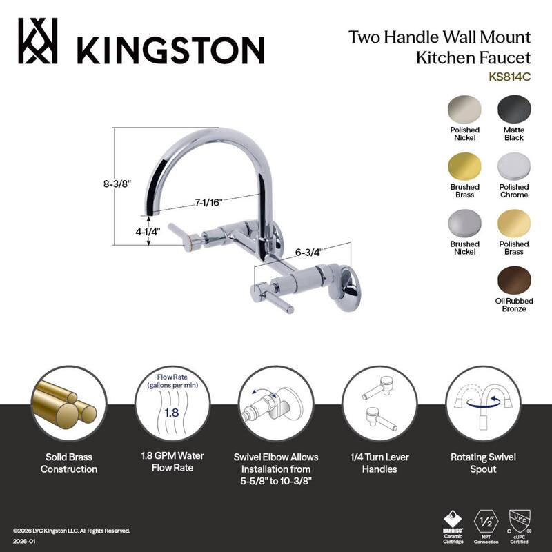 Kingston Brass Concord 8 in. Adjustable Center Wall Mount Kitchen Faucet