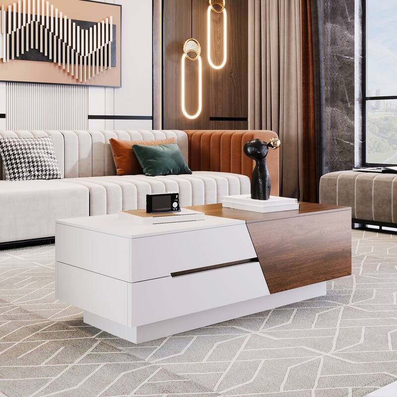 Large Extendable Coffee Table with Hidden Storage, Dual-Tone Rectangular Center Table w/ Sliding Tabletop, Table for Living Room